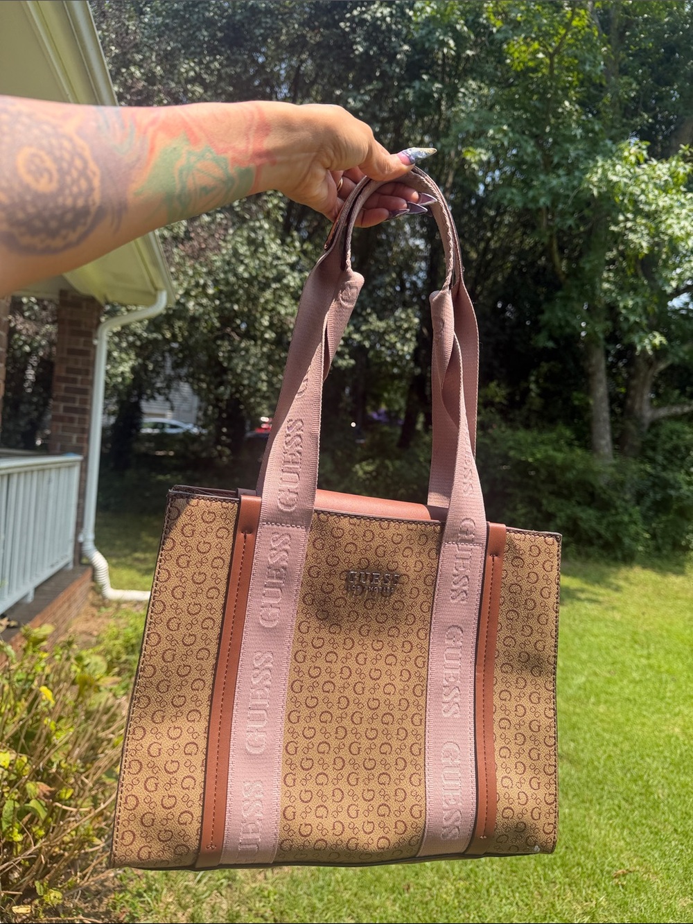 GUESS Blush Pink and Tan Monogram Tote